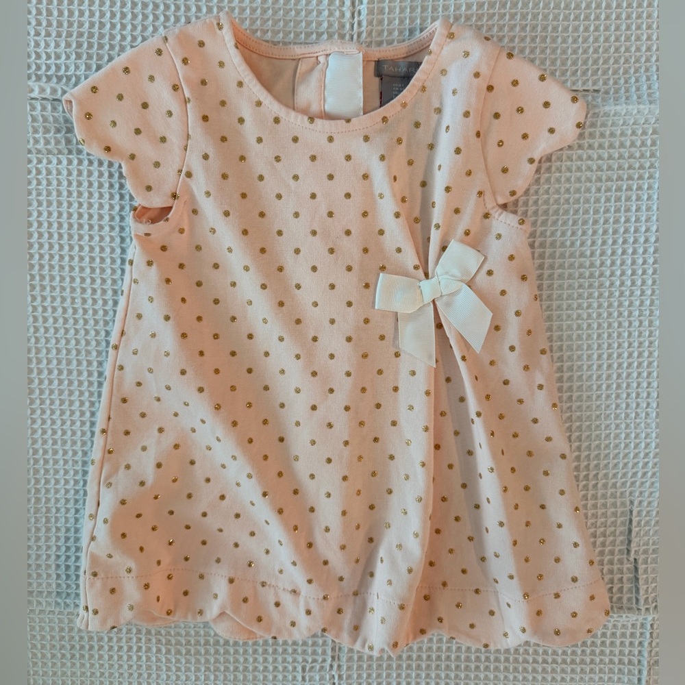 Tahari Pink Top with Gold Dots and White Bow